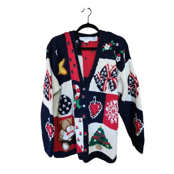 The Eagles Eye Christmas Cardigan Sweater Holiday Patchwork Womens M - Picture 1 of 4